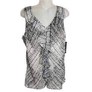 AGB Womens Tank Top Size Large Ruffle Black White Printed Lined Lace Sleeveless